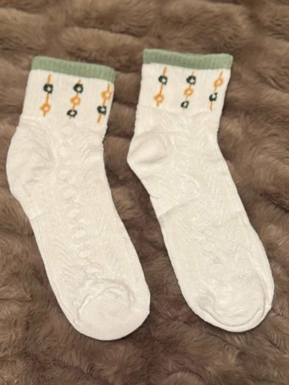 Women’s White and Floral Crew Socks with Green Trim - OS